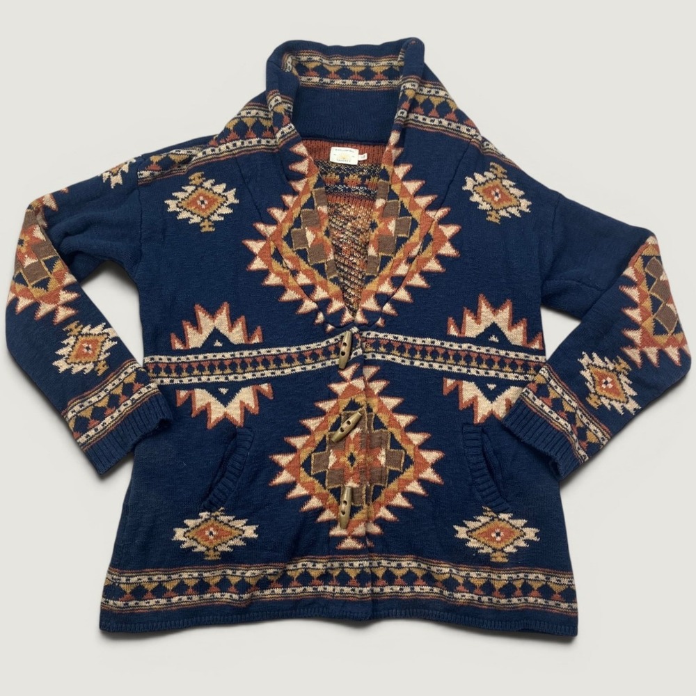 Faherty x B. Yellowtail Womens L Cardigan Blue Southwestern Toggle Aztec Boho